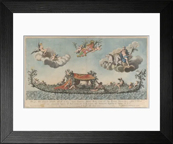 Framed Print : The highly ornamented second gondola of Francesco Antonio Berka entering Venice Framed Print : The highly ornamented second gondola of Francesco Antonio Berka entering Venice