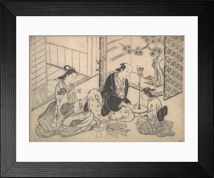 Framed Print : Interior, Three Figures: Sake Party, ca. 1730. Creator: Hasegawa Mitsunobu Framed Print : Interior, Three Figures: Sake Party, ca. 1730. Creator: Hasegawa Mitsunobu