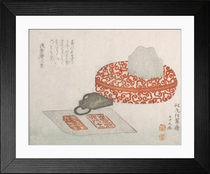 Framed Print : Seals and a Carved Lacquer Container for Seal Ink, 1817. Creator: Kitao Shigemasa Framed Print : Seals and a Carved Lacquer Container for Seal Ink, 1817. Creator: Kitao Shigemasa