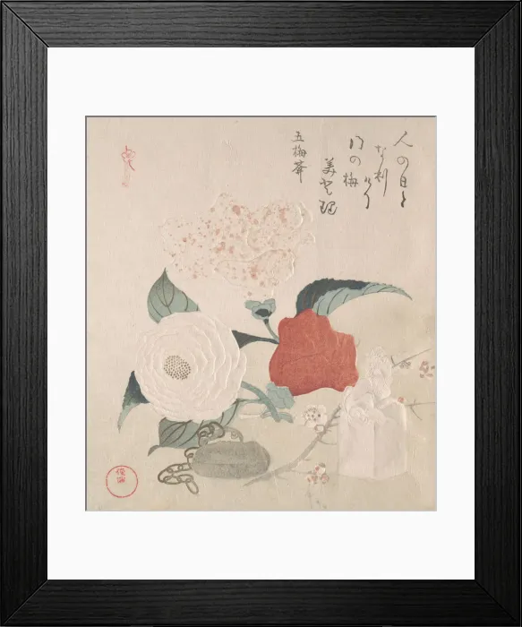 Framed Print : Camellia Flowers, a Netsuke and a Seal, 19th century. Creator: Kubo Shunman Framed Print : Camellia Flowers, a Netsuke and a Seal, 19th century. Creator: Kubo Shunman