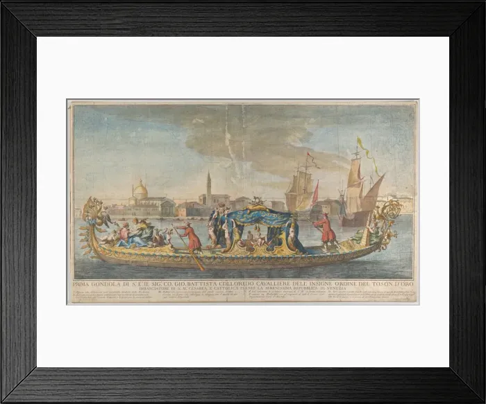 Framed Print : The highly ornamented first gondola of Ambassador Giovanni Battista Colloreado entering Framed Print : The highly ornamented first gondola of Ambassador Giovanni Battista Colloreado entering