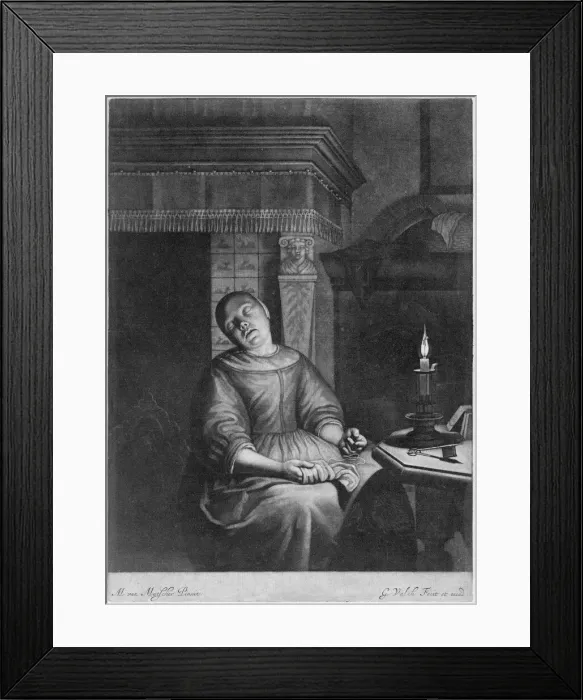 Framed Print : Sleeping Girl with Needlework in her Lap, late 17th-early 18th century Framed Print : Sleeping Girl with Needlework in her Lap, late 17th-early 18th century