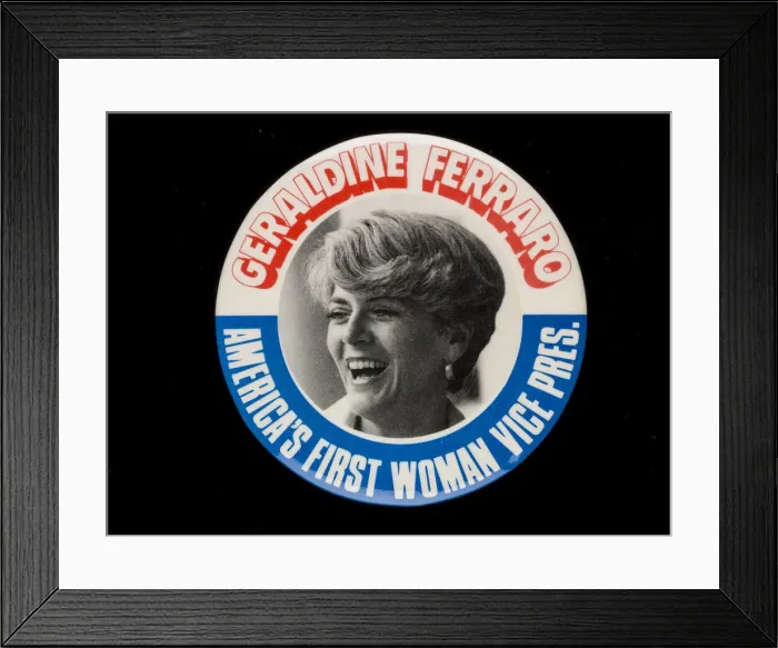 Framed Print : Geraldine Ferraro badge owned by Sally Ride, 1984. Creator: N. G. Slater Corp Framed Print : Geraldine Ferraro badge owned by Sally Ride, 1984. Creator: N. G. Slater Corp