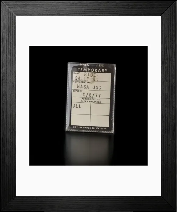 Framed Print : NASA JSC temporary badge belonging to Sally K. Ride, 1977. Creator: Unknown Framed Print : NASA JSC temporary badge belonging to Sally K. Ride, 1977. Creator: Unknown