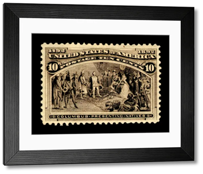 Framed Print : 10c Columbus Presenting Natives single, 1893. Creator: American Bank Note Company Framed Print : 10c Columbus Presenting Natives single, 1893. Creator: American Bank Note Company