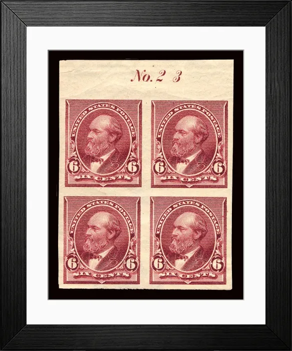 Framed Print : 6c James A. Garfield proof plate block of four, February 22, 1890 Framed Print : 6c James A. Garfield proof plate block of four, February 22, 1890