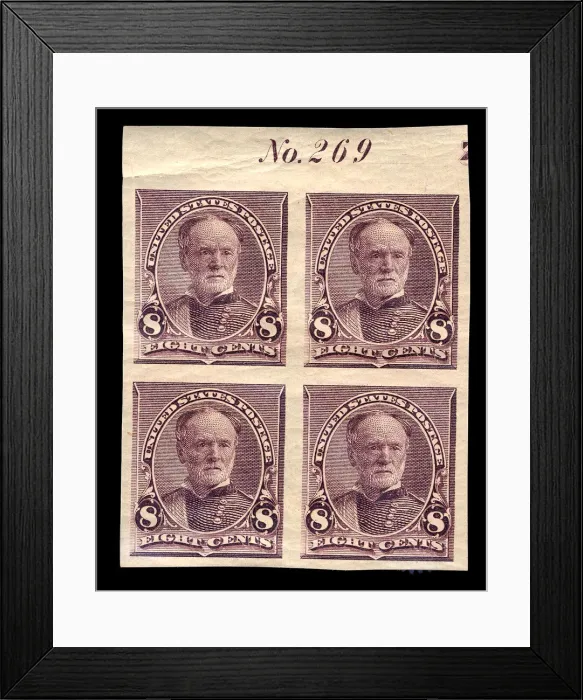 Framed Print : 8c William T. Sherman proof plate block of four, March 21, 1893 Framed Print : 8c William T. Sherman proof plate block of four, March 21, 1893