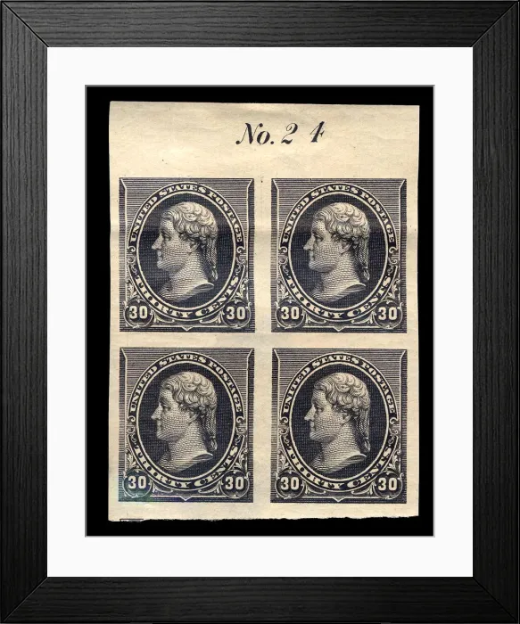 Framed Print : 30c Thomas Jefferson proof plate block of four, February 22, 1890 Framed Print : 30c Thomas Jefferson proof plate block of four, February 22, 1890