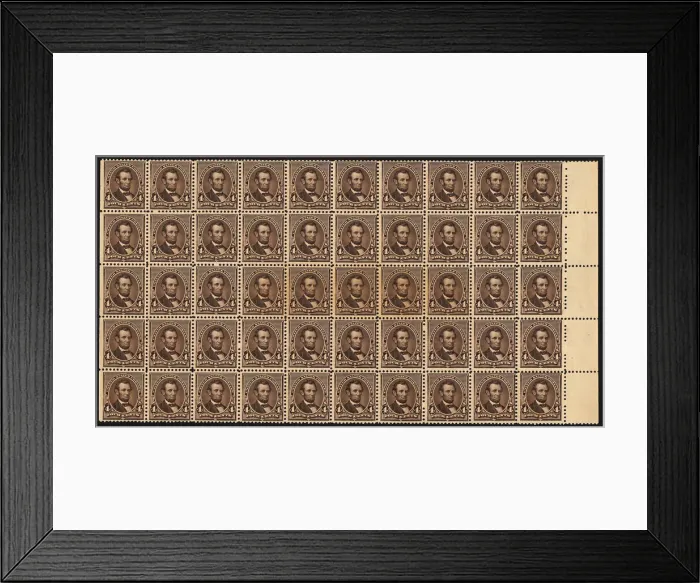 Framed Print : 4c Abraham Lincoln block of fifty, June 2, 1890. Creator: American Bank Note Company Framed Print : 4c Abraham Lincoln block of fifty, June 2, 1890. Creator: American Bank Note Company