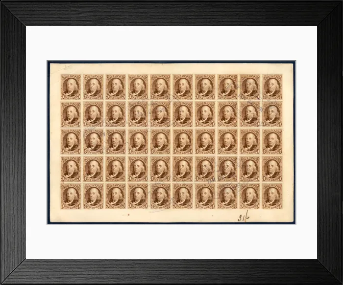 Framed Print : 5c Franklin reproduction card plate proof sheet of fifty, 1891 Framed Print : 5c Franklin reproduction card plate proof sheet of fifty, 1891