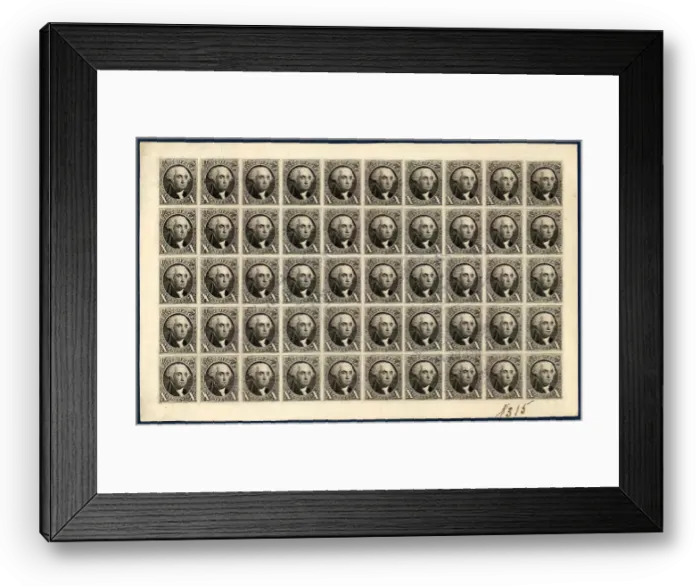 Framed Print : 10c Washington reproduction plate proof on card sheet of fifty, 1891 Framed Print : 10c Washington reproduction plate proof on card sheet of fifty, 1891
