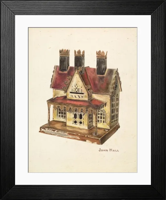 Framed Print : Painted Tin Toy Bank, c. 1940. Creator: John Hall Framed Print : Painted Tin Toy Bank, c. 1940. Creator: John Hall