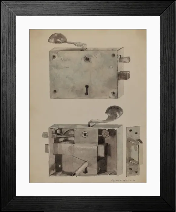 Framed Print : Wrought Iron Lock, 1936. Creator: J. Howard Iams Framed Print : Wrought Iron Lock, 1936. Creator: J. Howard Iams