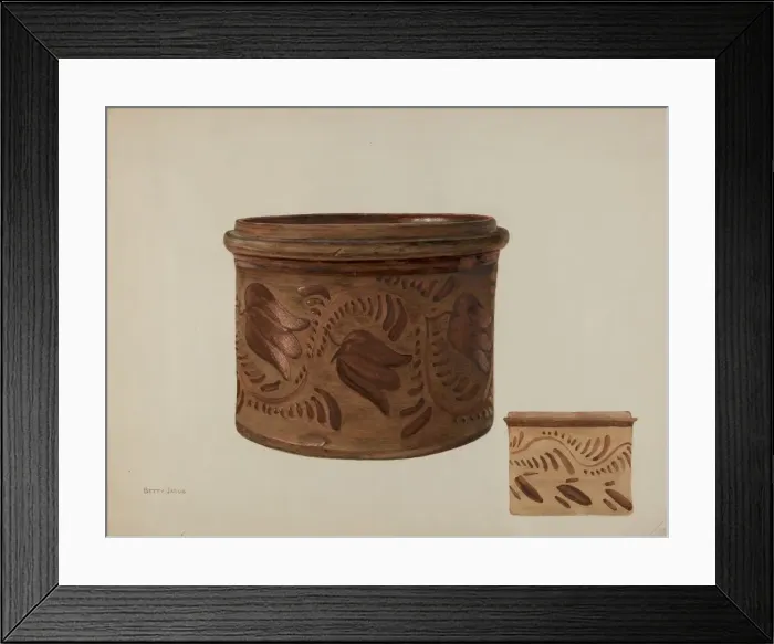 Framed Print : Pa. German Butter Crock, c. 1940. Creator: Betty Jacob Framed Print : Pa. German Butter Crock, c. 1940. Creator: Betty Jacob