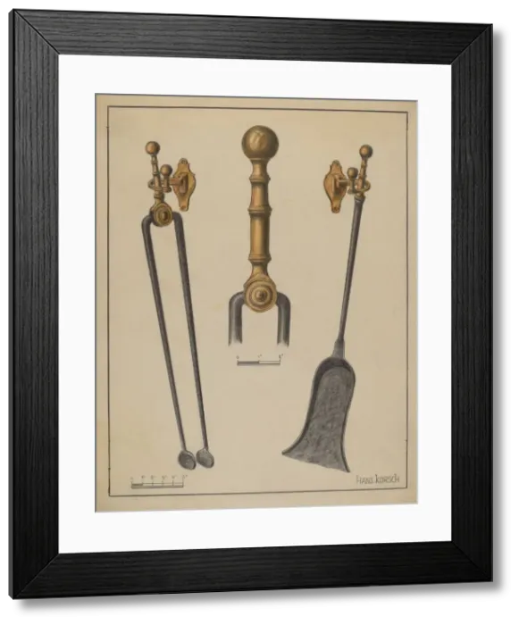 Framed Print : Fire Tongs, Shovel, and Jamb Hooks, c. 1937. Creator: Hans Korsch Framed Print : Fire Tongs, Shovel, and Jamb Hooks, c. 1937. Creator: Hans Korsch