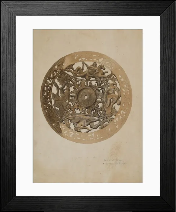 Framed Print : Mirror Stand: Detail of Saucer, c. 1938. Creator: Samuel O. Klein Framed Print : Mirror Stand: Detail of Saucer, c. 1938. Creator: Samuel O. Klein