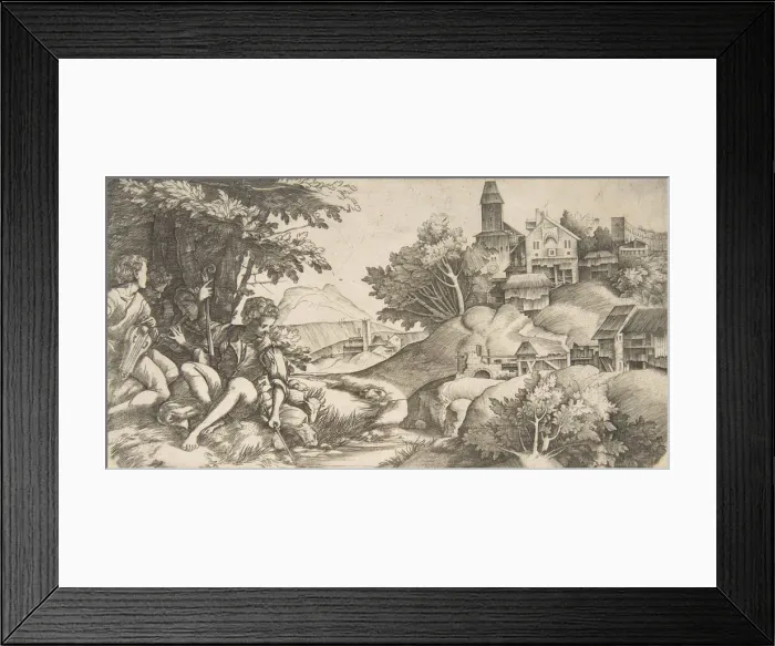 Framed Print : At left four shepherds with musical instruments seated under a group of trees... ca Framed Print : At left four shepherds with musical instruments seated under a group of trees... ca