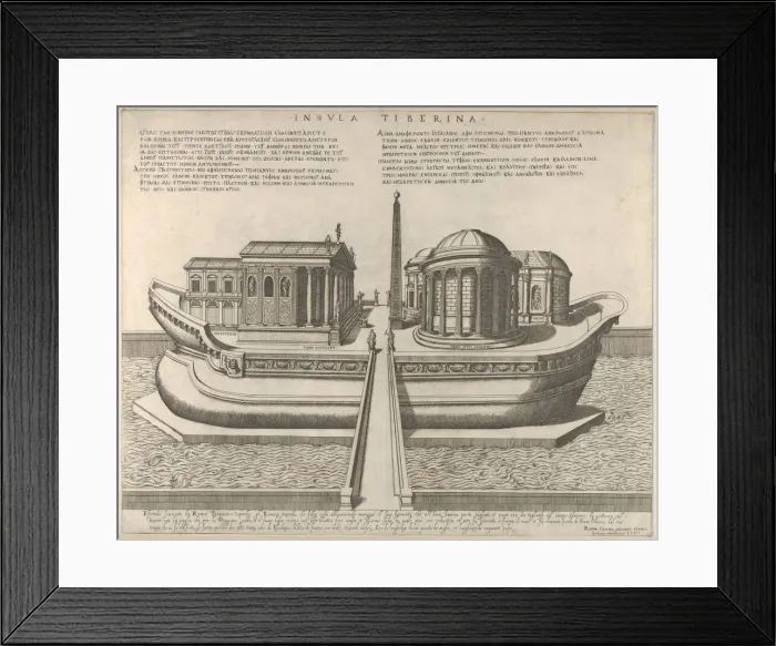 Framed Print : View of the Tiber Island represented as a ship, the Temple of Aesculapius at left, 1582 Framed Print : View of the Tiber Island represented as a ship, the Temple of Aesculapius at left, 1582