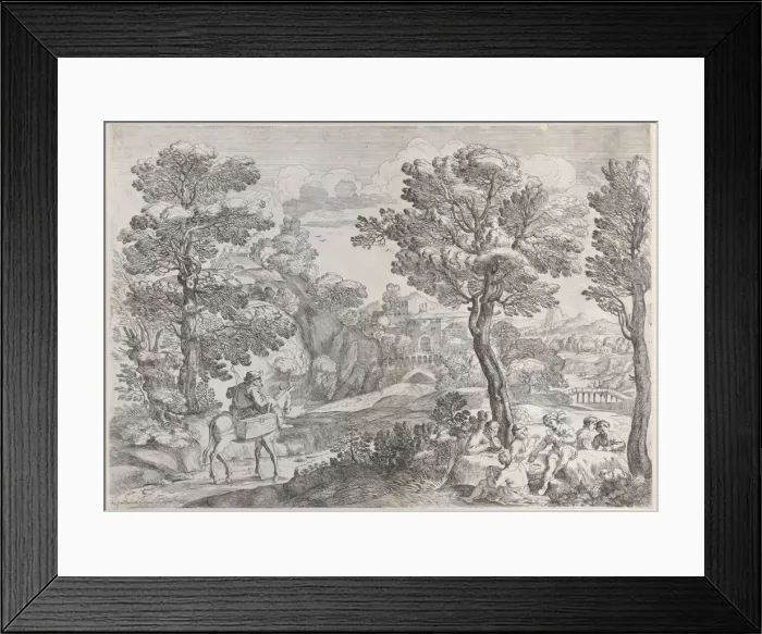 Framed Print : A group of people playing cards at right and a man on horseback at left, 1626-80