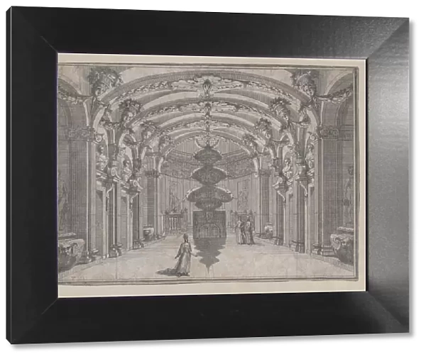 Theatrical scene in a great hall with a vaulted ceiling and a central sculpture;... ca