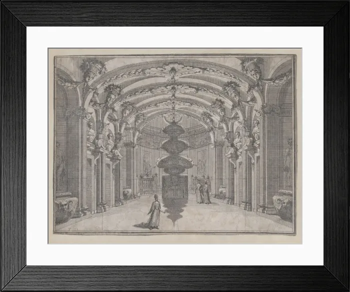 Framed Print : Theatrical scene in a great hall with a vaulted ceiling and a central sculpture;... ca Framed Print : Theatrical scene in a great hall with a vaulted ceiling and a central sculpture;... ca
