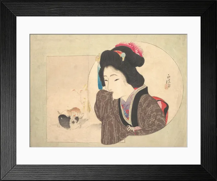 Framed Print : Print [woman and puppies], early-mid 19th century. Creator: Ikeda Eisen