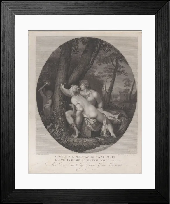 Framed Print : Angelica lying across the lap of Medoro and writes their names on a tree trunk, 1784-1836 Framed Print : Angelica lying across the lap of Medoro and writes their names on a tree trunk, 1784-1836