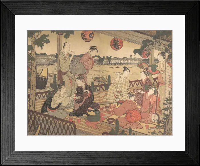 Framed Print : Two Young Men and Several Women Dining at a Tea-house on the Bank of the Sumida River, ca Framed Print : Two Young Men and Several Women Dining at a Tea-house on the Bank of the Sumida River, ca