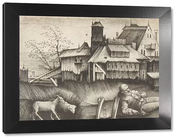 The old shepherd lying in a landscape, buildings behind, a goat and a sheep to th... ca