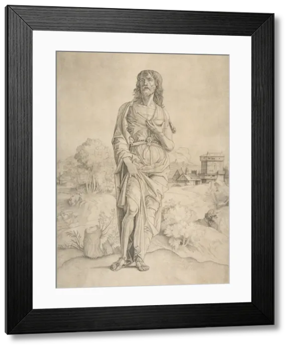 Framed Print : Saint John the Baptist standing in landscape, figures and buildings in the backgrou... ca. 1505-10. Creator: Giulio Campagnola Framed Print : Saint John the Baptist standing in landscape, figures and buildings in the backgrou... ca. 1505-10. Creator: Giulio Campagnola