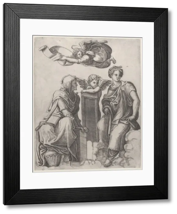 Framed Print : Two female figures seated in the clouds flanking an angel and another flying above Framed Print : Two female figures seated in the clouds flanking an angel and another flying above