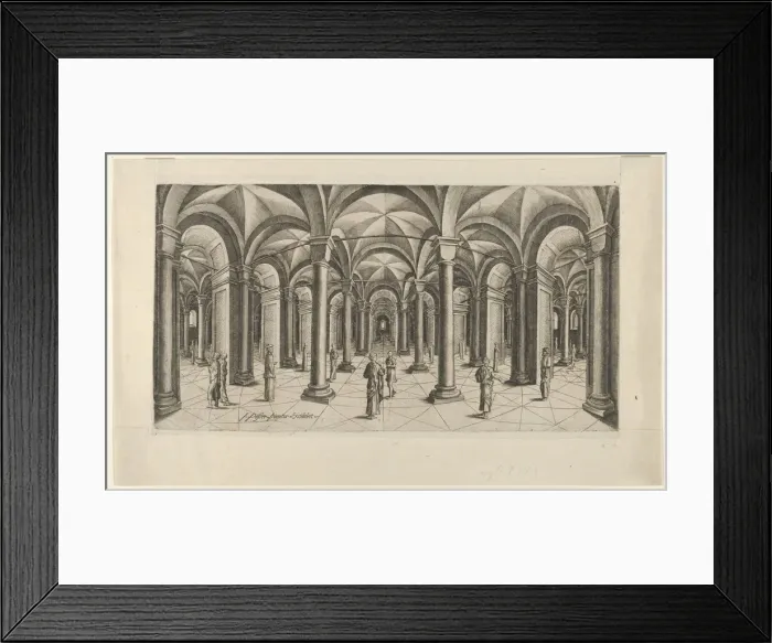 Framed Print : View in Fisheye perspective of a Hall with Columns and Cross Rib Vaulting, ca. 1610-20 Framed Print : View in Fisheye perspective of a Hall with Columns and Cross Rib Vaulting, ca. 1610-20