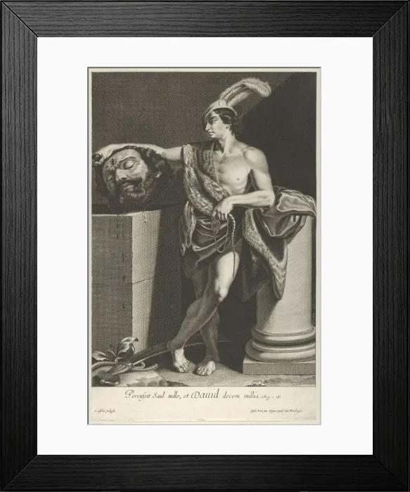Framed Print : David standing with crossed legs and holding the head of Goliath on a pedestal at l Framed Print : David standing with crossed legs and holding the head of Goliath on a pedestal at l