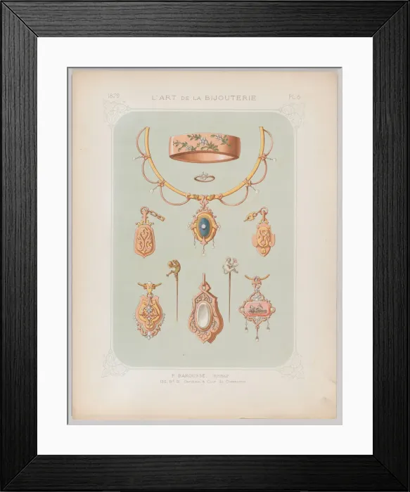 Framed Print : Jewelry Designs in Gold and Rose Gold, 1879. Creator: Jean Francois Barousse Framed Print : Jewelry Designs in Gold and Rose Gold, 1879. Creator: Jean Francois Barousse