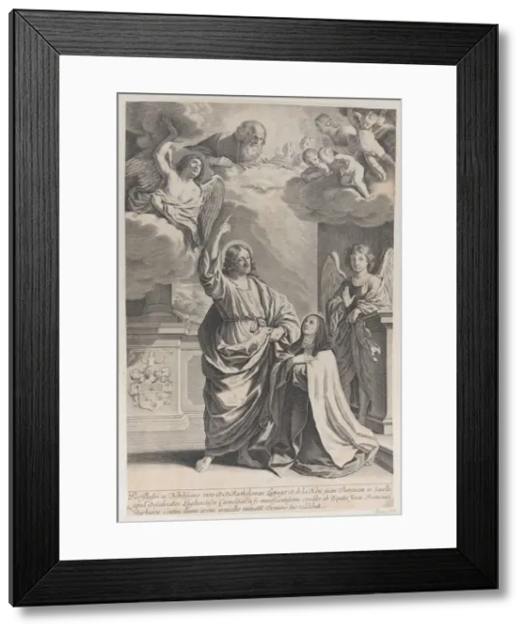 Framed Print : Saint Theresa praying alongside Christ, who points upwards to God the Father Framed Print : Saint Theresa praying alongside Christ, who points upwards to God the Father