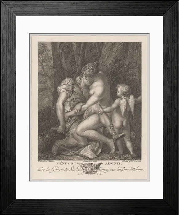 Framed Print : Venus mourning Adonis, seated beneath a tree and embracing him, with Cupid at right, c Framed Print : Venus mourning Adonis, seated beneath a tree and embracing him, with Cupid at right, c