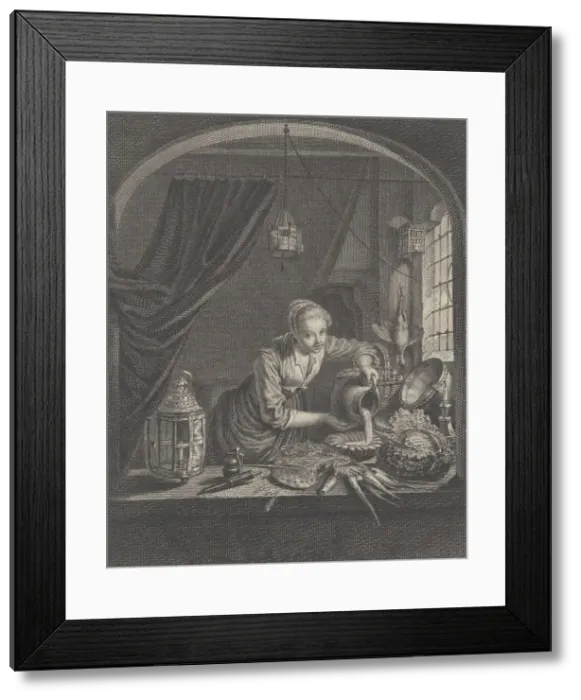 Framed Print : Milkmaid after the painting of G. Dou in the Cabinet of Mr. Poullain, mid-17th century Framed Print : Milkmaid after the painting of G. Dou in the Cabinet of Mr. Poullain, mid-17th century