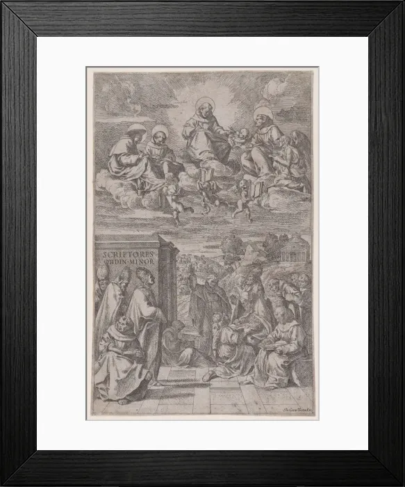Framed Print : Ecclesiastics in a landscape writing, others in the heavenly realm above, c1650 Framed Print : Ecclesiastics in a landscape writing, others in the heavenly realm above, c1650