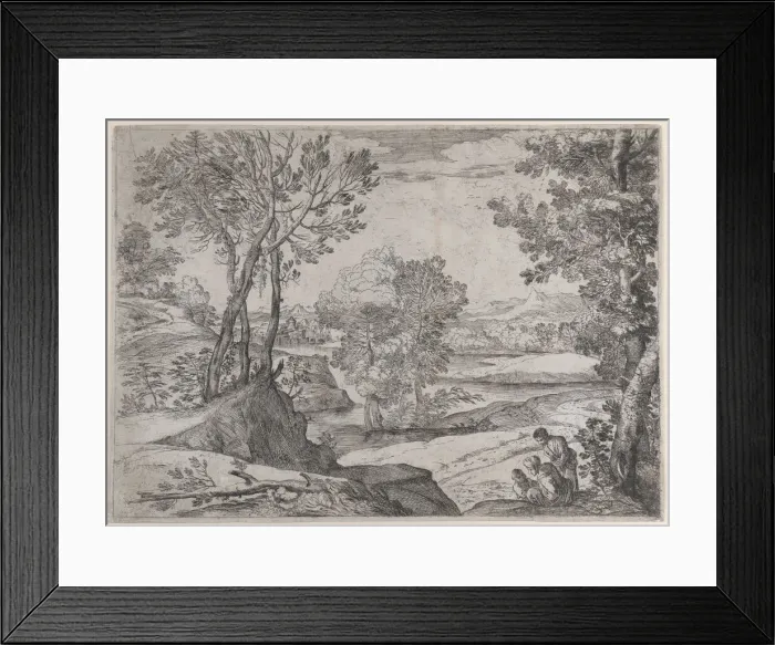 Framed Print : A family seated by a river, 1643. Creator: Giovanni Francesco Grimaldi Framed Print : A family seated by a river, 1643. Creator: Giovanni Francesco Grimaldi