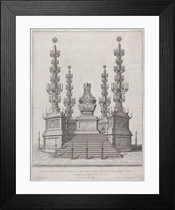 Framed Print : Catafalque for Pope Clement X; central structure at the top of a fifteen step platform Framed Print : Catafalque for Pope Clement X; central structure at the top of a fifteen step platform