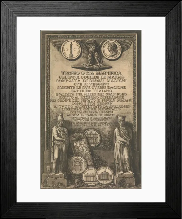 Framed Print : Title page with eagle, coin showing image of Trajans Column, classical sculptures Framed Print : Title page with eagle, coin showing image of Trajans Column, classical sculptures