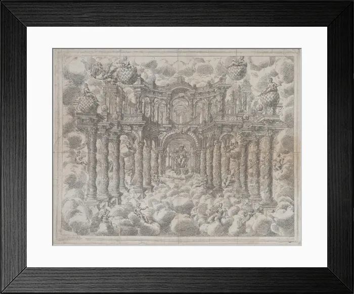 Framed Print : Plate 2 [counterproof]: Stage set with allegorical figures seated among the clouds