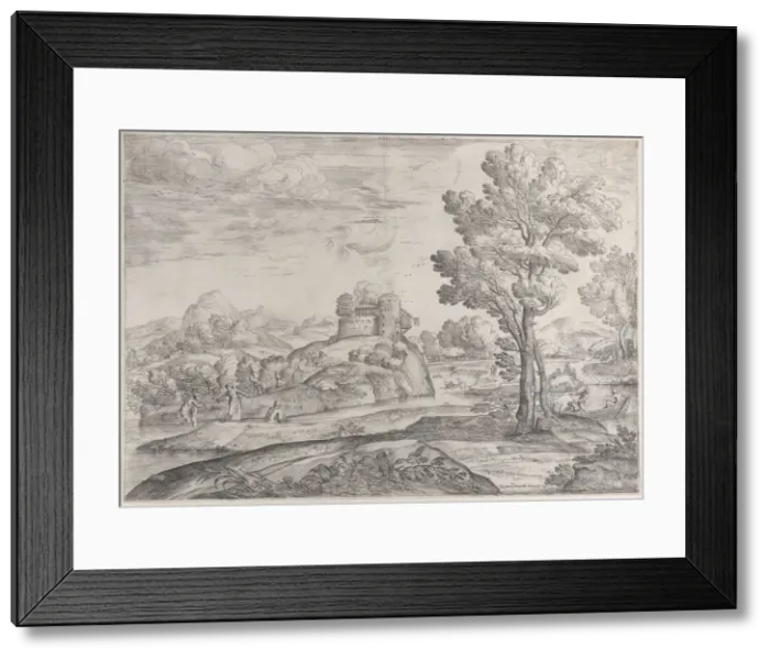 Framed Print : A house atop a round rock at center, people in the river and in canoes, 1626-80 Framed Print : A house atop a round rock at center, people in the river and in canoes, 1626-80