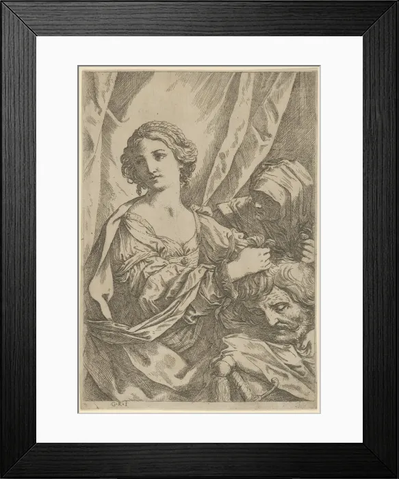 Framed Print : Judith grasping the head of Holofernes by the hair and looking to the left, an old wo Framed Print : Judith grasping the head of Holofernes by the hair and looking to the left, an old wo