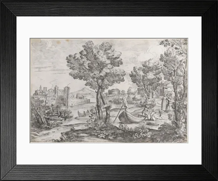 Framed Print : Landscape with a man holding a snake to a terrified child, watched by a fashionably dre Framed Print : Landscape with a man holding a snake to a terrified child, watched by a fashionably dre
