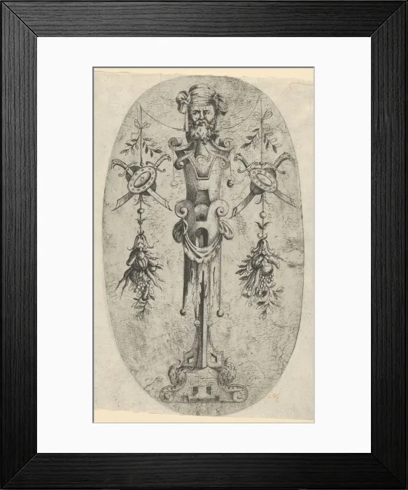 Framed Print : Male Terminal Figure; Head with Beard and Turban on a Three- Quarter Strapwork Pede