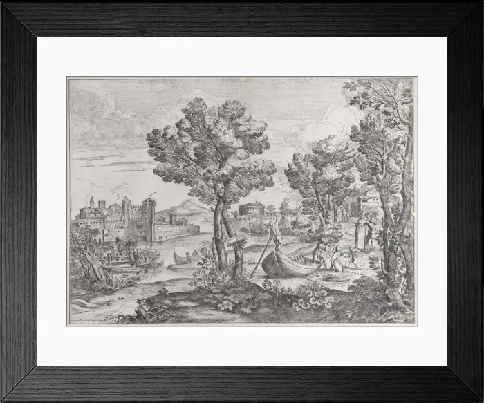Framed Print : Landscape with a man holding a snake to a terrified child, watched by a fashionably dre Framed Print : Landscape with a man holding a snake to a terrified child, watched by a fashionably dre