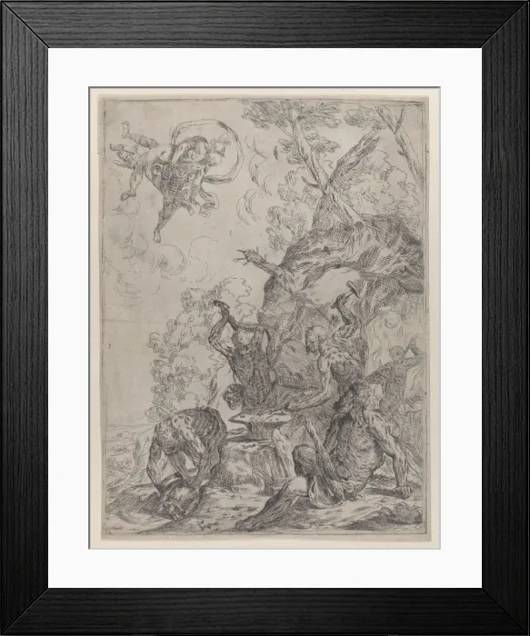 Framed Print : The forge of Vulcan with smiths striking an anvil with hammers... 1640-59