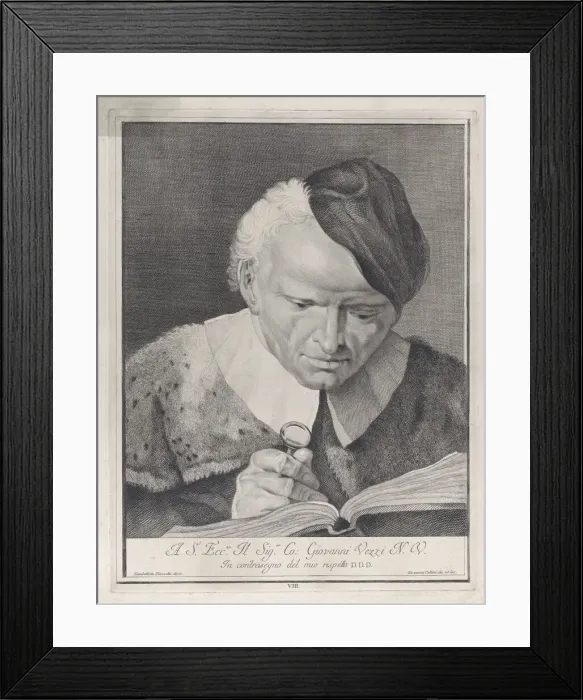Framed Print : Man in a hat reading a book with a magnifying glass, 1743. Creator: Giovanni Cattini Framed Print : Man in a hat reading a book with a magnifying glass, 1743. Creator: Giovanni Cattini