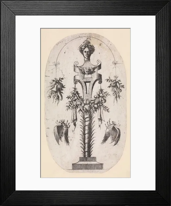Framed Print : Design for a Term with the Head of Woman, Strapwork and Trophies, 1535-55 Framed Print : Design for a Term with the Head of Woman, Strapwork and Trophies, 1535-55